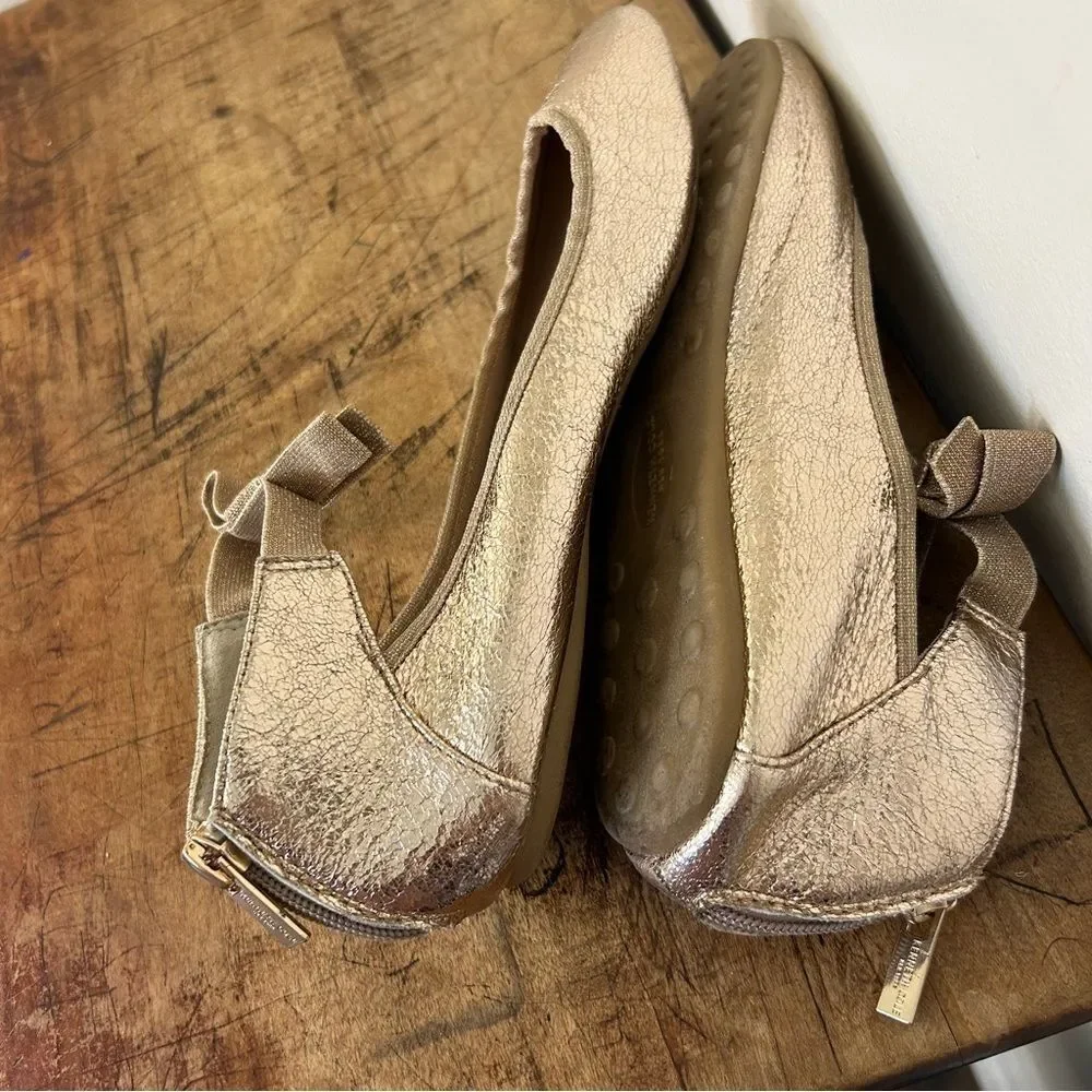 Kenneth Cole Rose Gold Metallic Ankle Strap Flats Shoes Bow Detail Girls 4.5